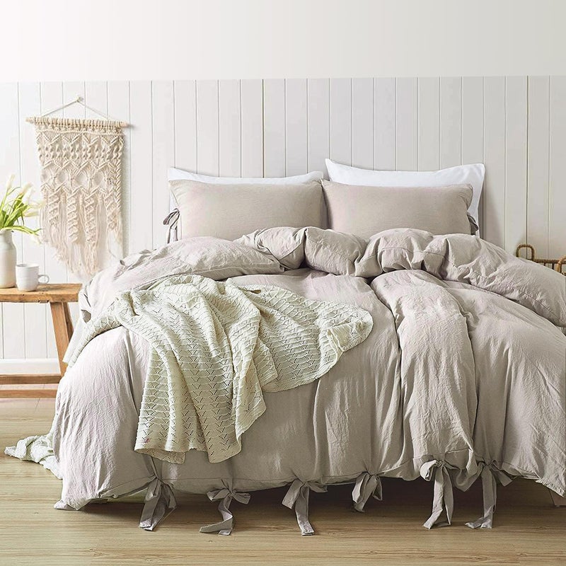 annadaif Khaki Duvet Cover Queen Size, 3 Pieces Soft Washed Microfiber Duvet Cover Set, Comforter Cover with Bowknot Bow Tie (1 Duvet Cover 90x90 Inch, 2 Pillowcases) Easy Care Bedding Set - Image 1